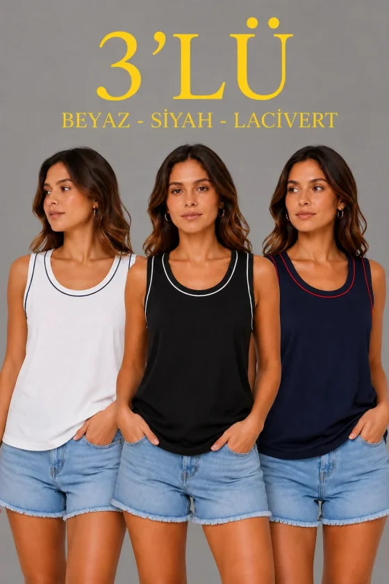 3’lü Kolsuz Sporcu Atlet Seti Yazlık Bisiklet Yakalı - Siyah, Lacivert, Beyaz (191001)
