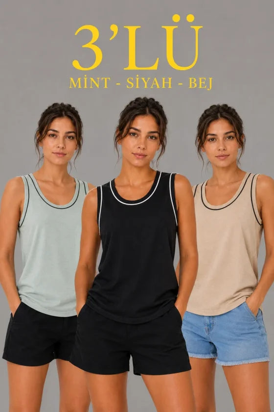3’lü Kolsuz Sporcu Atlet Seti Yazlık Bisiklet Yakalı - Mint Yeşili, Siyah, Bej (191003)