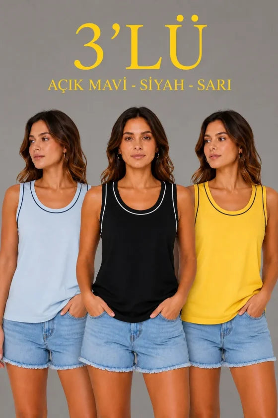 3’lü Kolsuz Sporcu Atlet Seti Yazlık Bisiklet Yakalı - Sarı, Siyah, Bebe Mavisi (191005)