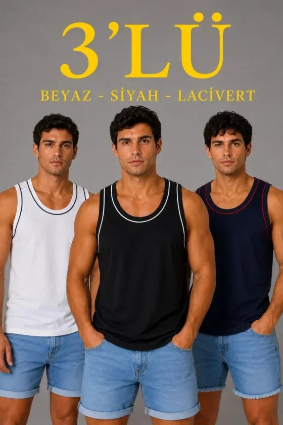 Erkek 3'lü Kolsuz Sporcu Atlet Seti Yazlık Bisiklet Yakalı - Siyah / Lacivert / Beyaz (191012)