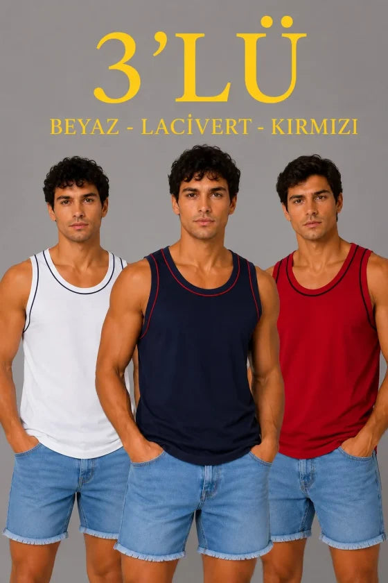 Erkek 3'lü Kolsuz Sporcu Atlet Seti Yazlık Bisiklet Yakalı - Lacivert / Kırmızı / Beyaz (191032)