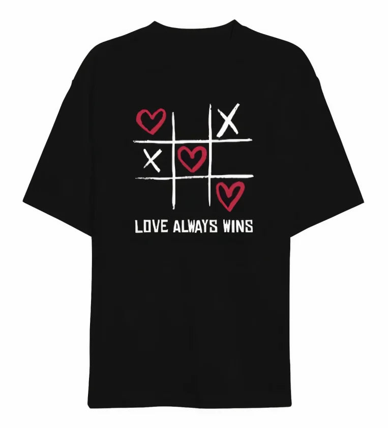 14 Şubat Sevgililer Günü Love Always Wins Baskılı Oversize Bisiklet Yaka T-shirt - Siyah (191099)