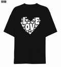 14 Şubat Sevgililer Günü Love Kalp Baskılı Oversize Bisiklet Yaka Tshirt Siyah