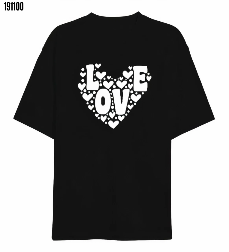 14 Şubat Sevgililer Günü Love Kalp Baskılı Oversize Bisiklet Yaka Tshirt Siyah