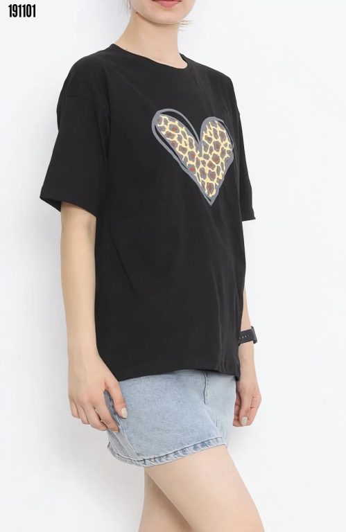 14 Şubat Sevgililer Günü Leopar Kalp Baskılı Oversize Bisiklet Yaka Tshirt Siyah