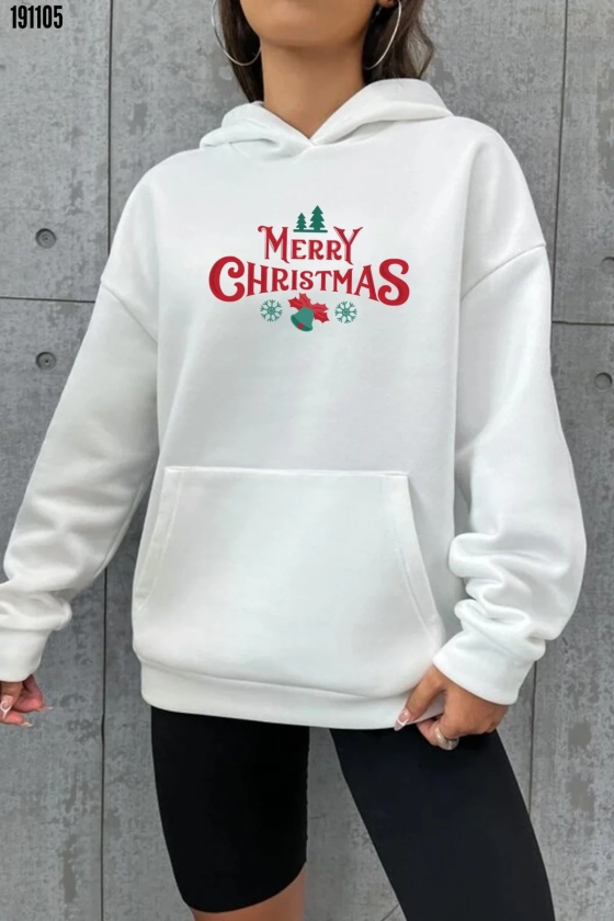 Yılbaşı Merry Christmas Baskılı Oversize Kapüşonlu Sweatshirt Hoodie Beyaz (191105)