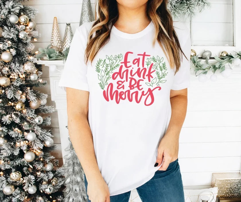 Yılbaşı Noel Baskılı Kısa Kollu Oversize Bisiklet Yaka T-shirt - Beyaz (191107)