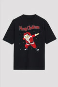 Yılbaşı Merry Christmas Noel Baba Baskılı Oversize Bisiklet Yaka T-shirt - Siyah (191110)