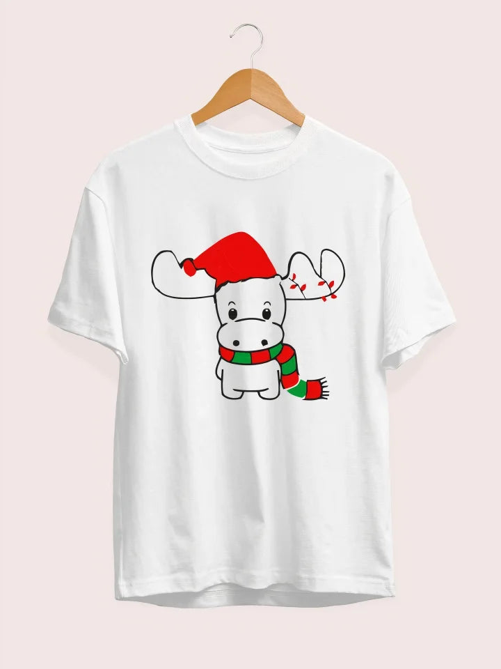Yılbaşı Noel Ren Geyiği Baskılı Oversize Bisiklet Yaka T-shirt - Beyaz (191111)