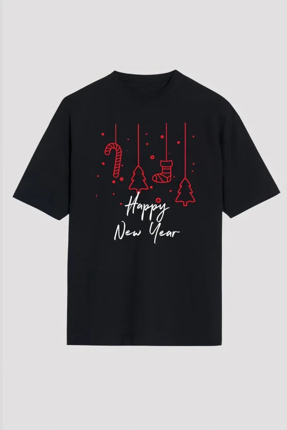 Yılbaşı Happy New Year Baskılı Kısa Kollu Oversize Bisiklet Yaka T-shirt - Siyah (191113)