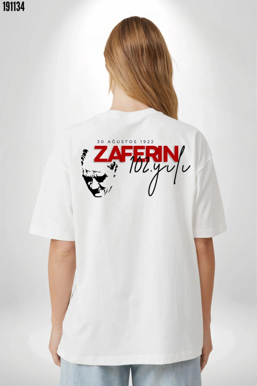 30 Ağustos Zafer Bayramı Atatürk Temalı Oversize Bisiklet Yaka Tshirt Beyaz