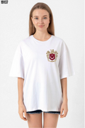 Türk Arma Baskılı Oversize Bisiklet Yaka Günlük Tshirt Beyaz