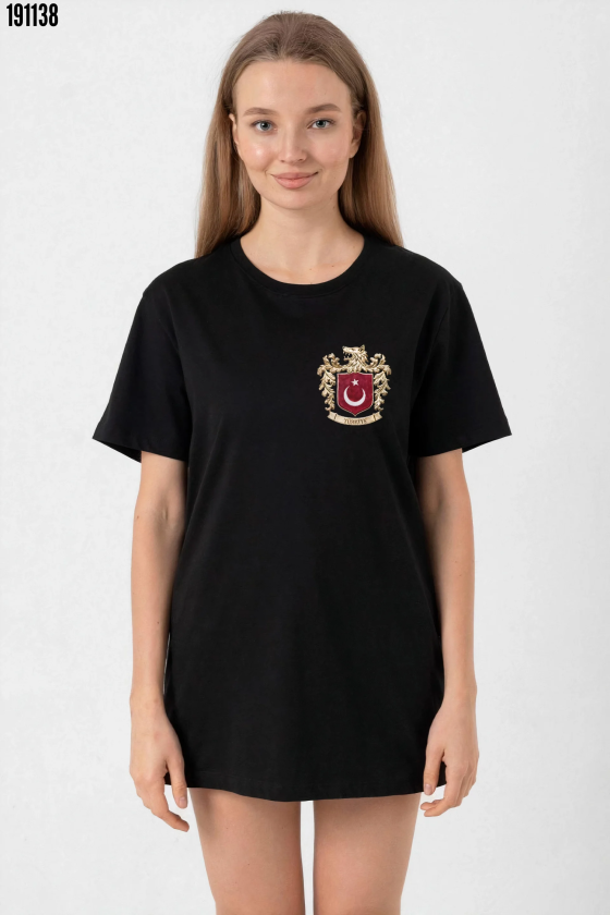 Türk Arma Baskılı Oversize Bisiklet Yaka Günlük Tshirt Siyah