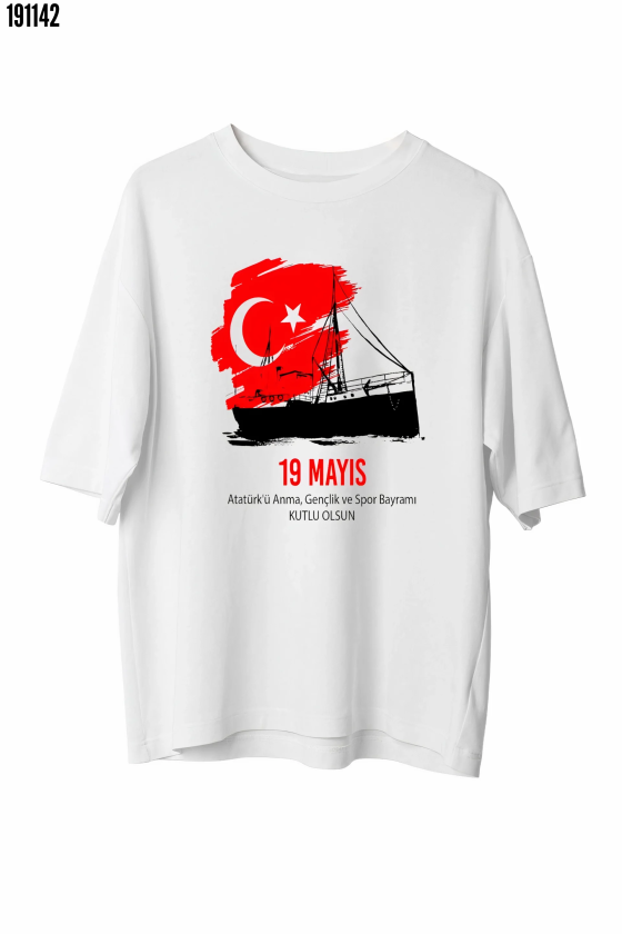 19 Mayıs Atatürkü Anma Gençlik ve Spor Bayramı Baskılı Oversize Tshirt Beyaz