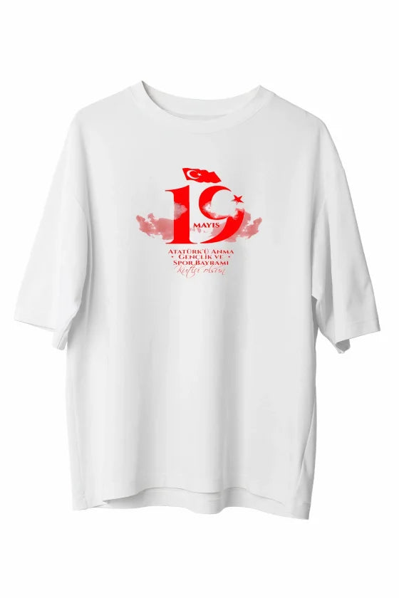 19 Mayıs Atatürk Temalı Gençlik ve Spor Bayramı Bisiklet Yaka T-shirt - Beyaz (191143)