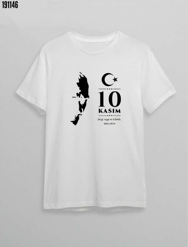 10 Kasım Atatürk Anma Günü Silüet Baskılı Oversize Bisiklet Yaka Tshirt Beyaz