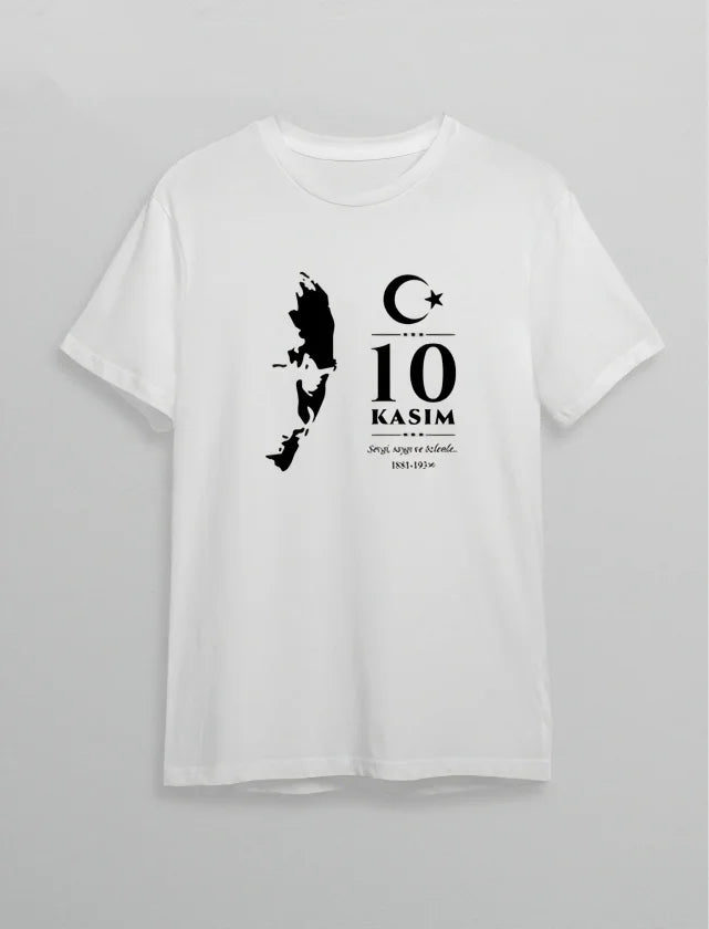 10 Kasım Atatürk Anma Günü Silüet Baskılı Oversize Bisiklet Yaka T-shirt - Beyaz (191146)