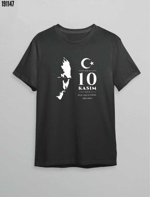 10 Kasım Atatürk Anma Günü Silüet Baskılı Oversize Bisiklet Yaka Tshirt Siyah