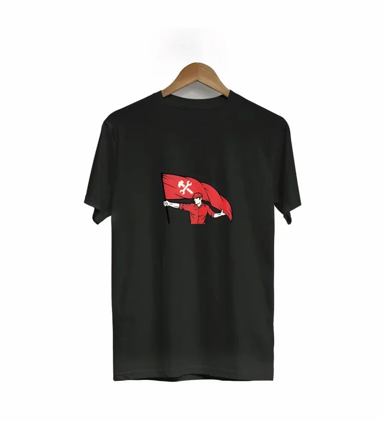 1 Mayıs Emek ve Dayanışma Bayraklı Baskılı Bisiklet Yaka T-shirt - Siyah (191149)