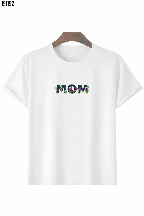 Anneler Günü Hediye Mom Çiçek Baskılı Oversize Bisiklet Yaka Tshirt Beyaz