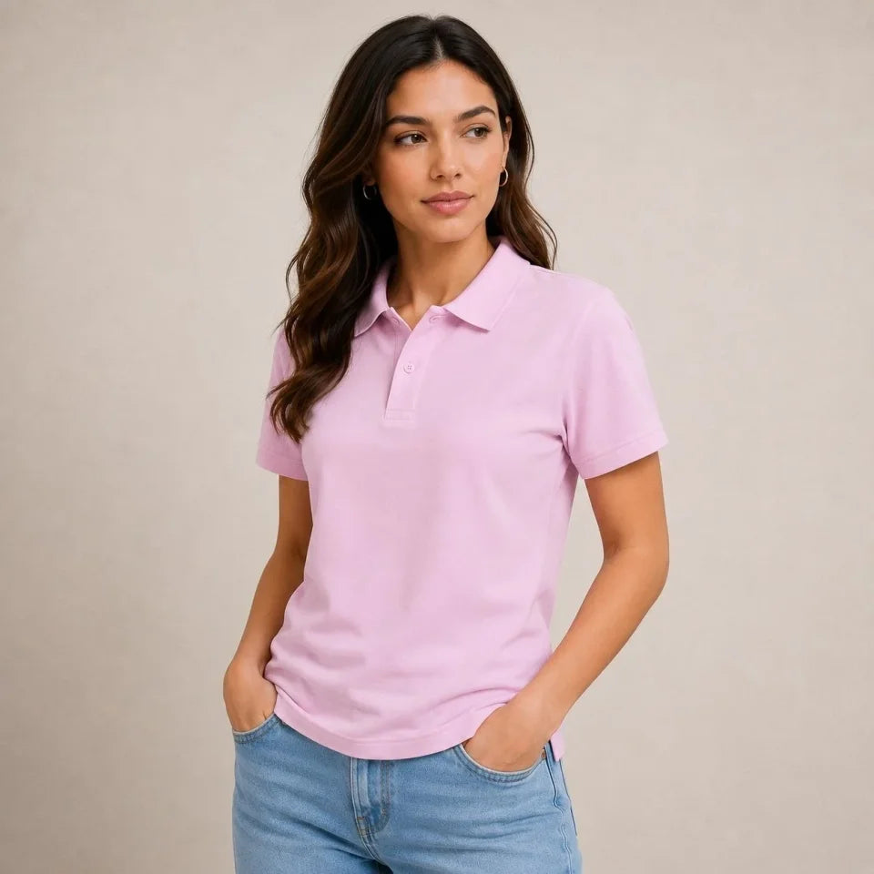 Polo Yaka Pike Kumaş Düğmeli Basic Tişört Günlük Rahat - Pembe (191312)