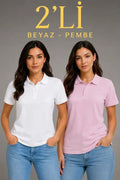 2li Polo Yaka Pike Kumaş Düğmeli Basic Tişört Günlük Rahat Kesim - Beyaz, Pembe (191313)
