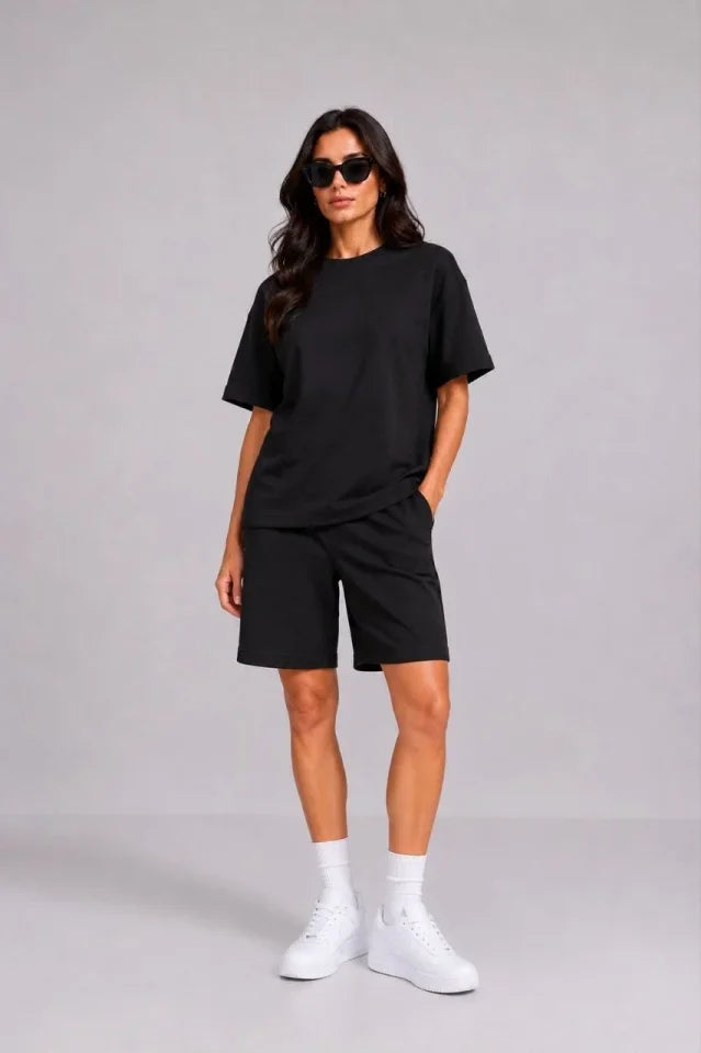Premium Osy Modal Yumuşak Dokulu Tişört Cepli Şort Alt Üst Takım - Siyah (191912)