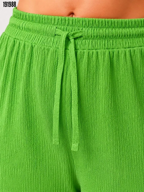 Battal Beden Bürümcük Kumaş Beli Lastikli Bağcıklı Bol Paça Palazzo Pantolon Yeşil
