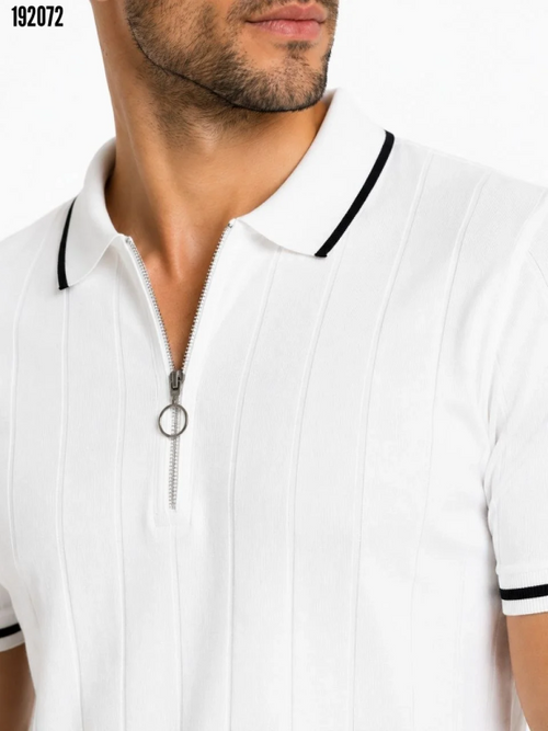 Erkek Fitilli Triko Tshirt Polo Yaka Yarım Fermuarlı Kısa Kollu Tişört Beyaz