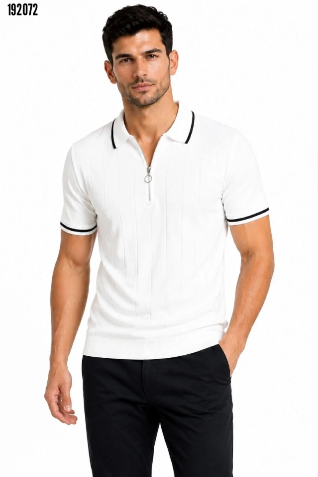 Erkek Fitilli Triko Tshirt Polo Yaka Yarım Fermuarlı Kısa Kollu Tişört Beyaz