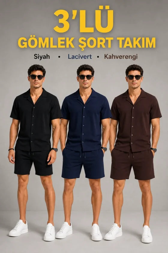 Erkek 3'lü Krep Kumaş Cepli Gömlek Şort Takım Kısa Kollu Bağcıklı - Siyah / Lacivert / Kahverengi (192435)