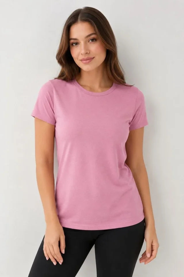 Basic Bisiklet Yaka Yazlık Slim Fit T-Shirt - Pudra Pembe - Petrol Mavi (192473)