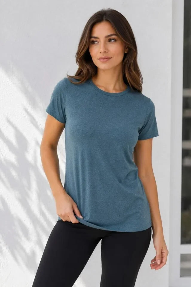 Basic Bisiklet Yaka Yazlık Slim Fit T-Shirt - Pudra Pembe - Petrol Mavi (192473)