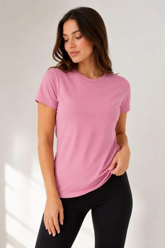 Basic Bisiklet Yaka Yazlık Slim Fit T-Shirt - Pudra Pembe - Petrol Mavi (192473)