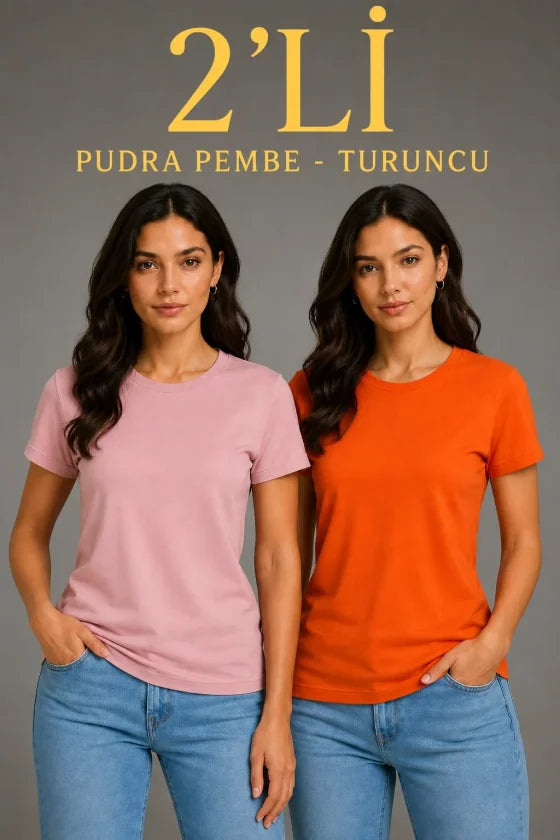 Basic Bisiklet Yaka Yazlık Slim Fit T-Shirt - Pudra Pembe - Turuncu (192474)
