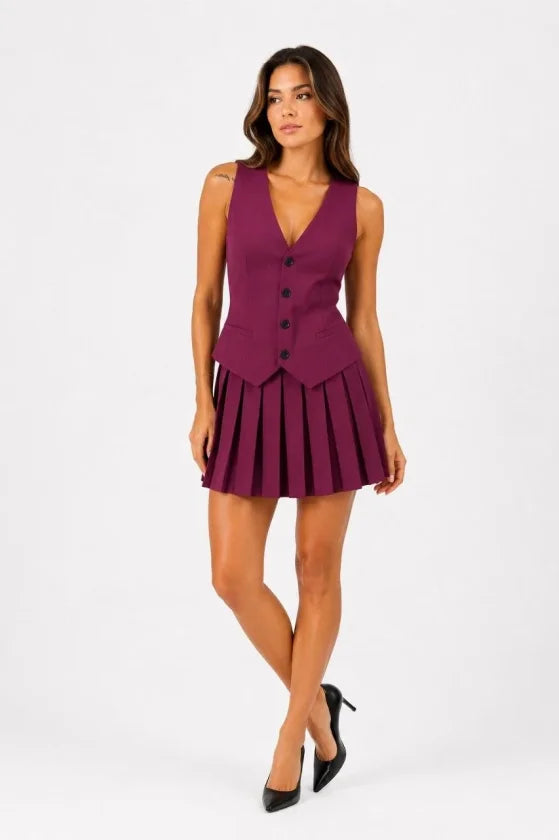 Premium Kalite Takım Görünümlü Yelekli Pileli Mini Elbise Düğmeli - Mürdüm (192480)