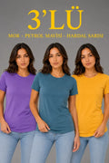 3’lü Kısa Kollu Bisiklet Yaka Basic Slim Fit T-Shirt - Mor - Petrol Mavisi - Hardal (192488)