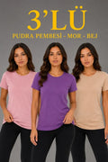3’lü Kısa Kollu Bisiklet Yaka Basic Slim Fit T-Shirt - Pudra Pembe - Mor - Bej (192490)