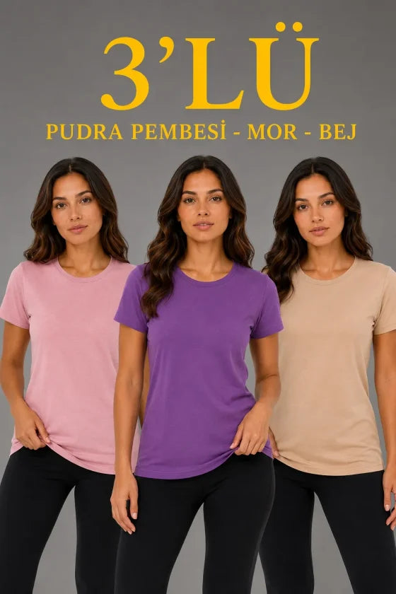 3’lü Kısa Kollu Bisiklet Yaka Basic Slim Fit T-Shirt - Pudra Pembe - Mor - Bej (192490)