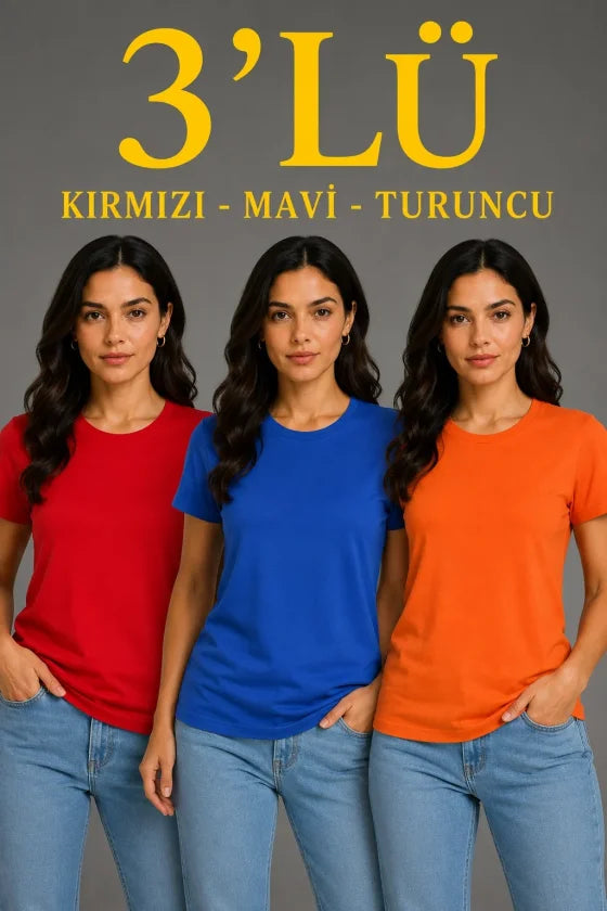 3'lü Kısa Kollu Bisiklet Yaka Basic Slim Fit T-Shirt - Kırmızı / Mavi / Turuncu (192494)