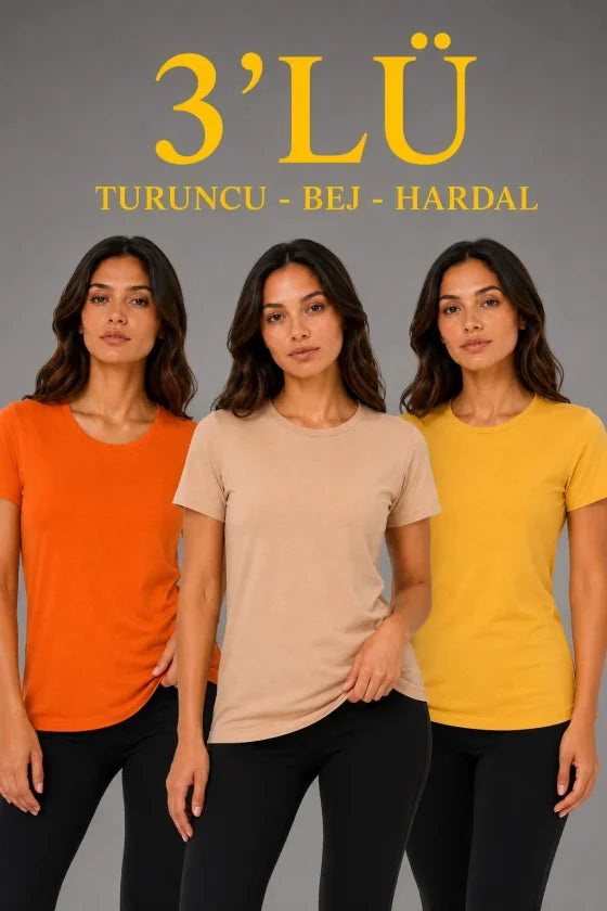 3'lü Kısa Kollu Bisiklet Yaka Basic Slim Fit T-Shirt - Turuncu / Bej / Hardal (192495)
