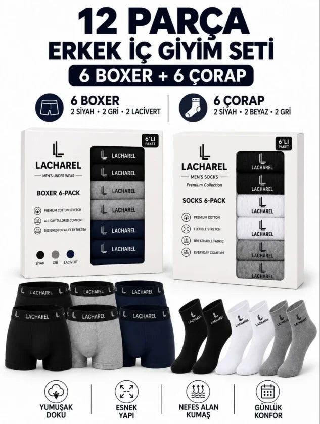 Erkek 12'li İç Giyim Seti Pamuklu 6 Boxer 6 Çorap Çoklu Paket - Siyah / Lacivert / Gri / Beyaz (192514)