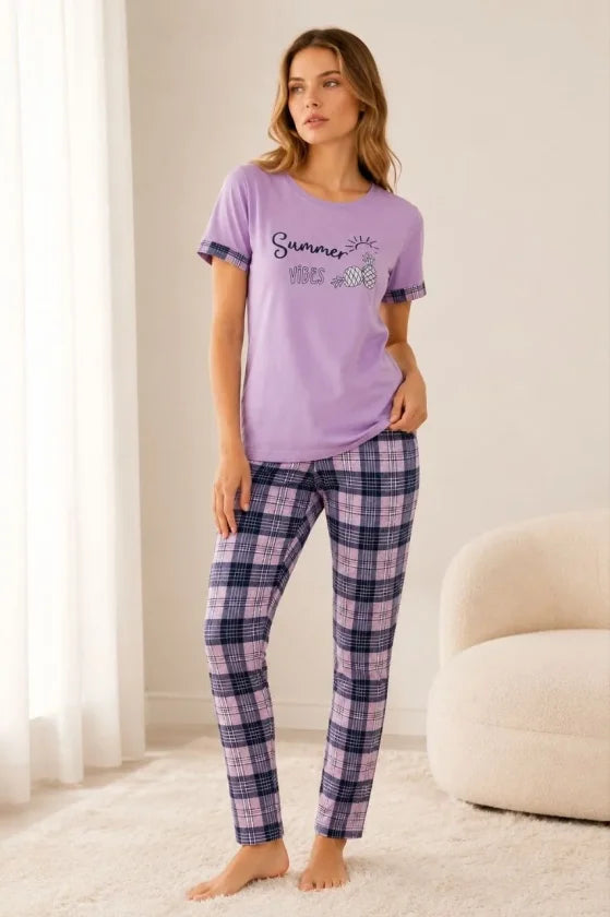 Pamuklu Penye Summer Baskılı Kısa Kollu Pijama Takımı Bisiklet Yaka Ekose Desenli - Lila (192854)