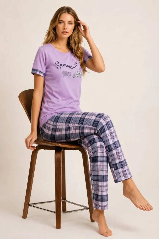 Pamuklu Penye Summer Baskılı Kısa Kollu Pijama Takımı Bisiklet Yaka Ekose Desenli - Lila (192854)