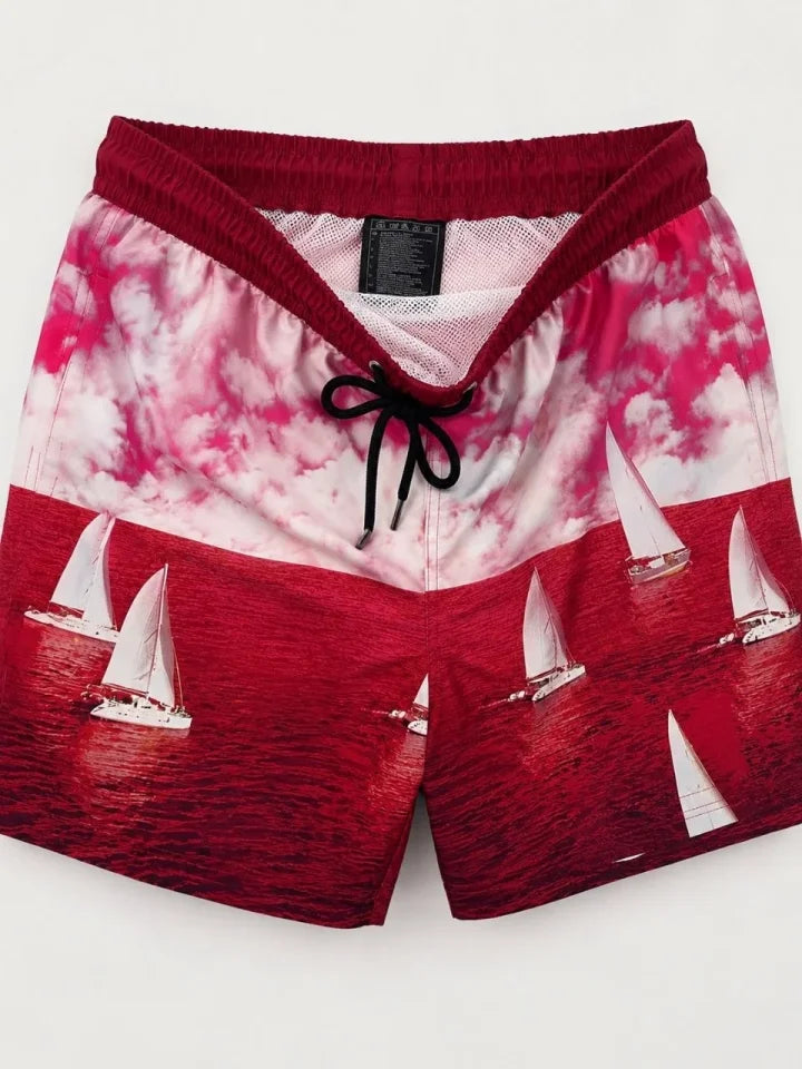 Erkek Yelken Desenli Deniz Şortu Fermuarlı Cepli File Astarlı Hızlı Kuruyan - Bordo (192909)