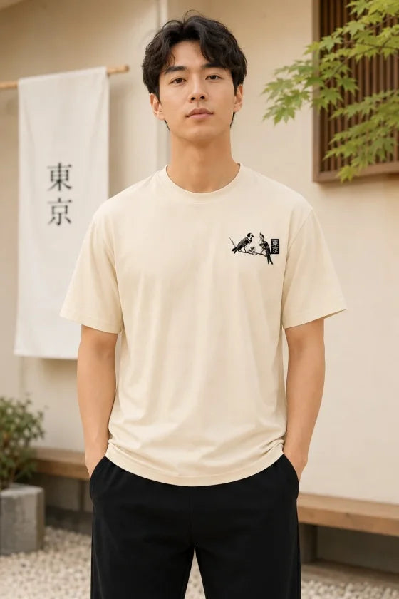 Erkek Ön Ve Arka Tokyo Kuş Çiçek Baskılı Oversize T-shirt - Ekru (192919)
