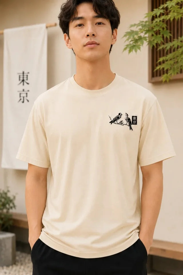 Erkek Ön Ve Arka Tokyo Kuş Çiçek Baskılı Oversize T-shirt - Ekru (192919)