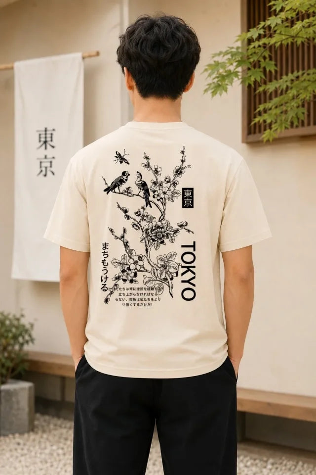 Erkek Ön Ve Arka Tokyo Kuş Çiçek Baskılı Oversize T-shirt - Ekru (192919)