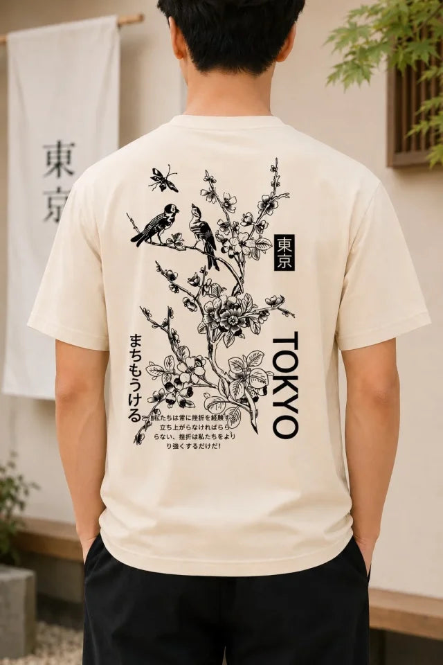 Erkek Ön Ve Arka Tokyo Kuş Çiçek Baskılı Oversize T-shirt - Ekru (192919)