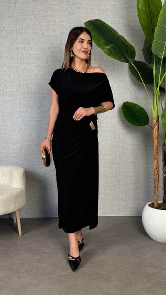 Kadın Kısa Kollu Tek Omuzdan Açık Beli Lastikli Sandy Maxi Elbise (172025)